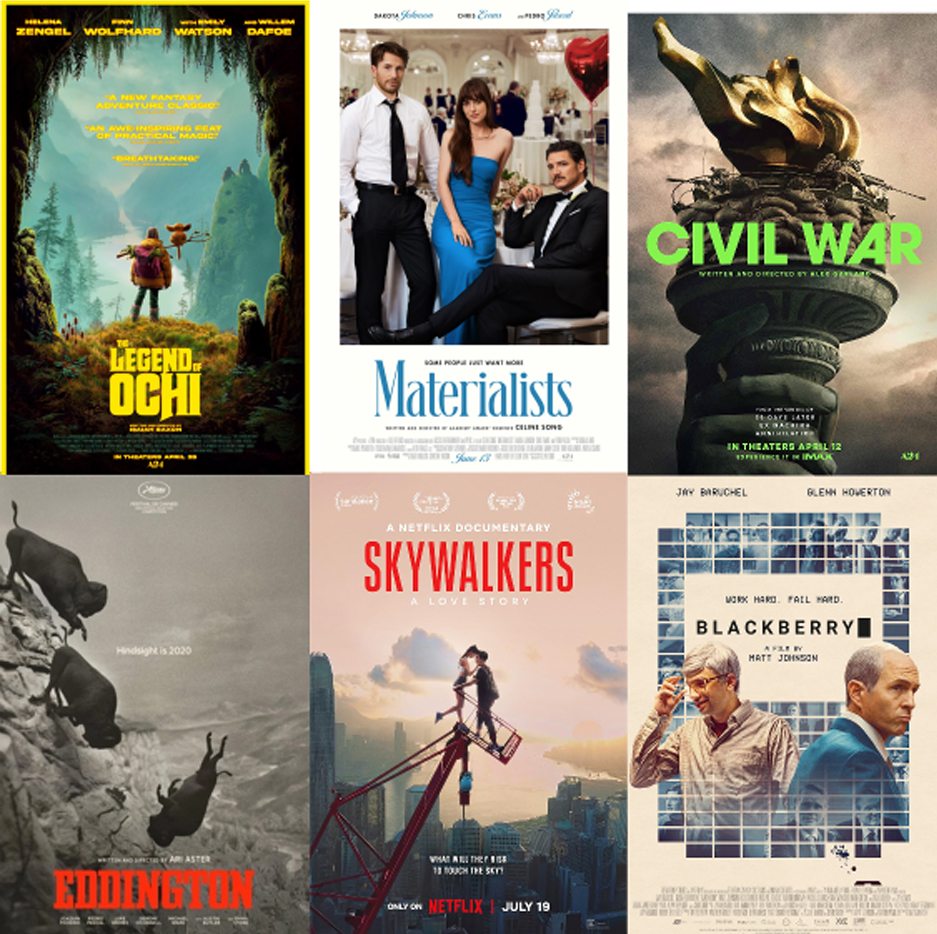 6 different movie posters from movies IPR.VC have been funding. Legend of Ochi, Materialists, Civil War, Eddington, Skywalker and Blackberry
